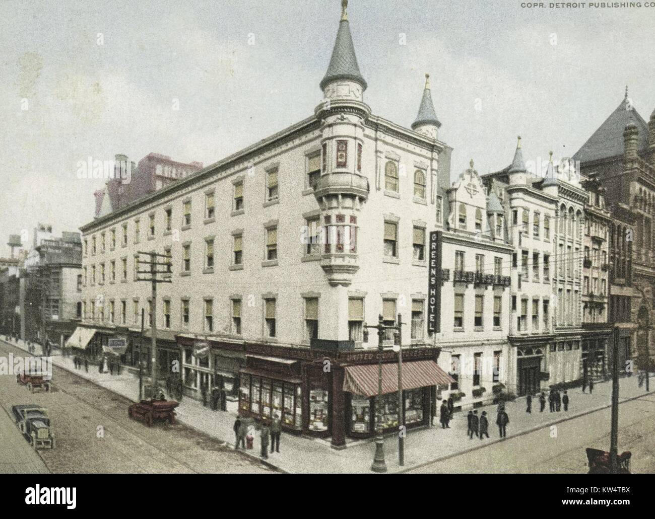 Postcard of the exterior of Green's Hotel, Philadelphia, Pennsylvania, 1914. From the New York Public Library. Stock Photo