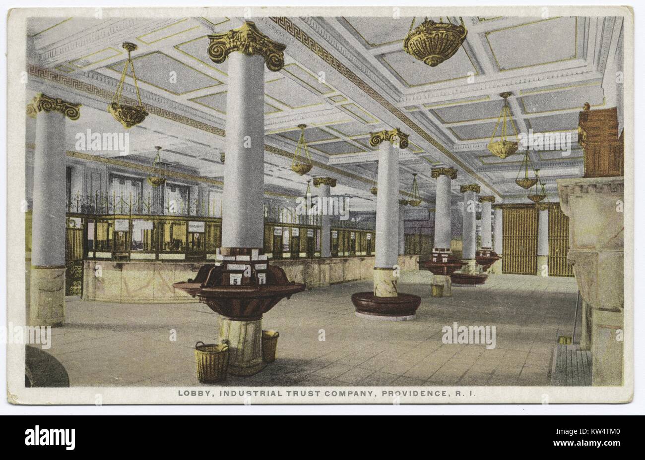 Postcard showing the lobby of the Industrial Trust Company building, Providence, Rhode Island, 1914. From the New York Public Library. Stock Photo