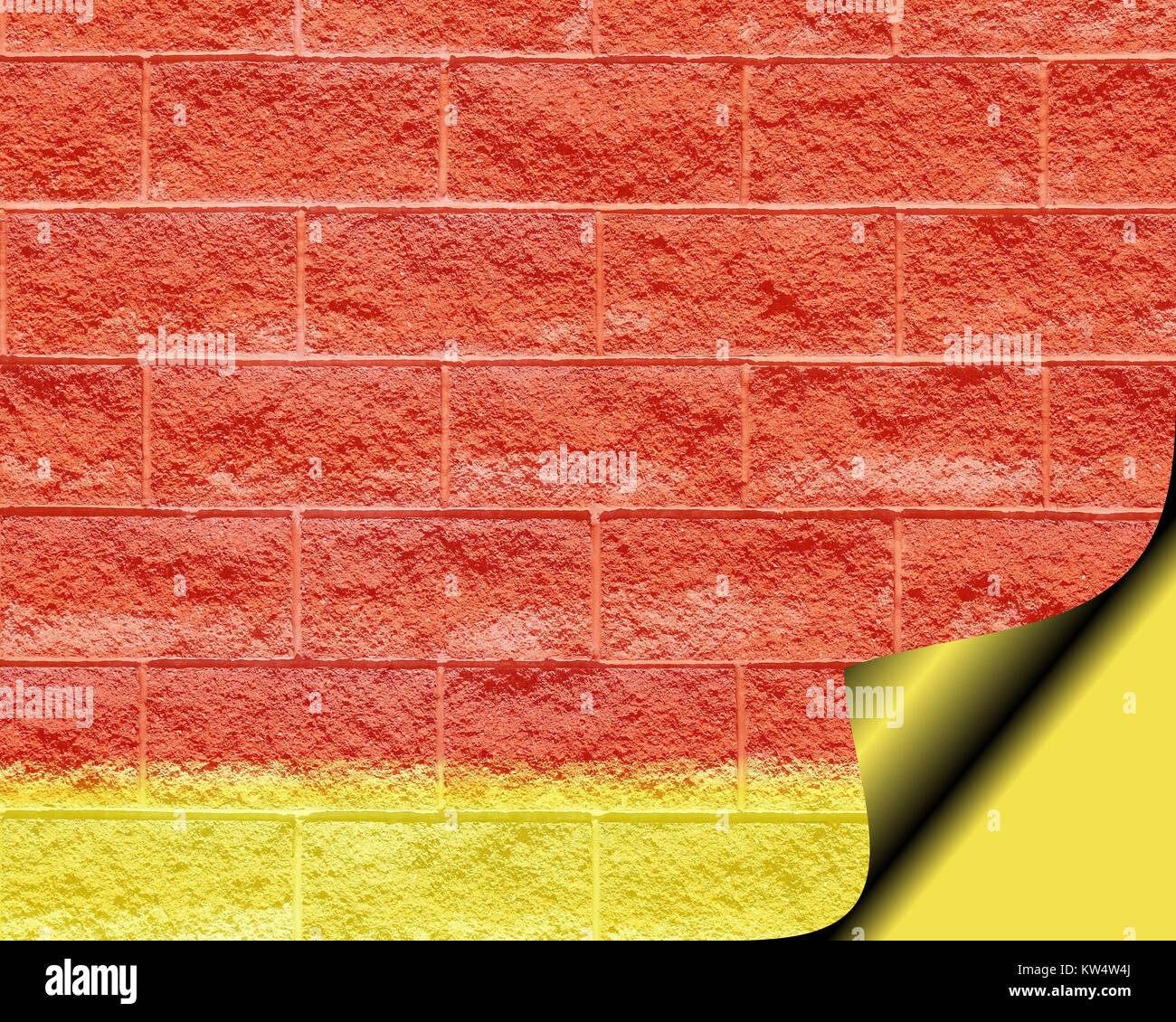 Red brick wall with yellow strip of abstract color along bottom with page curl Stock Photo