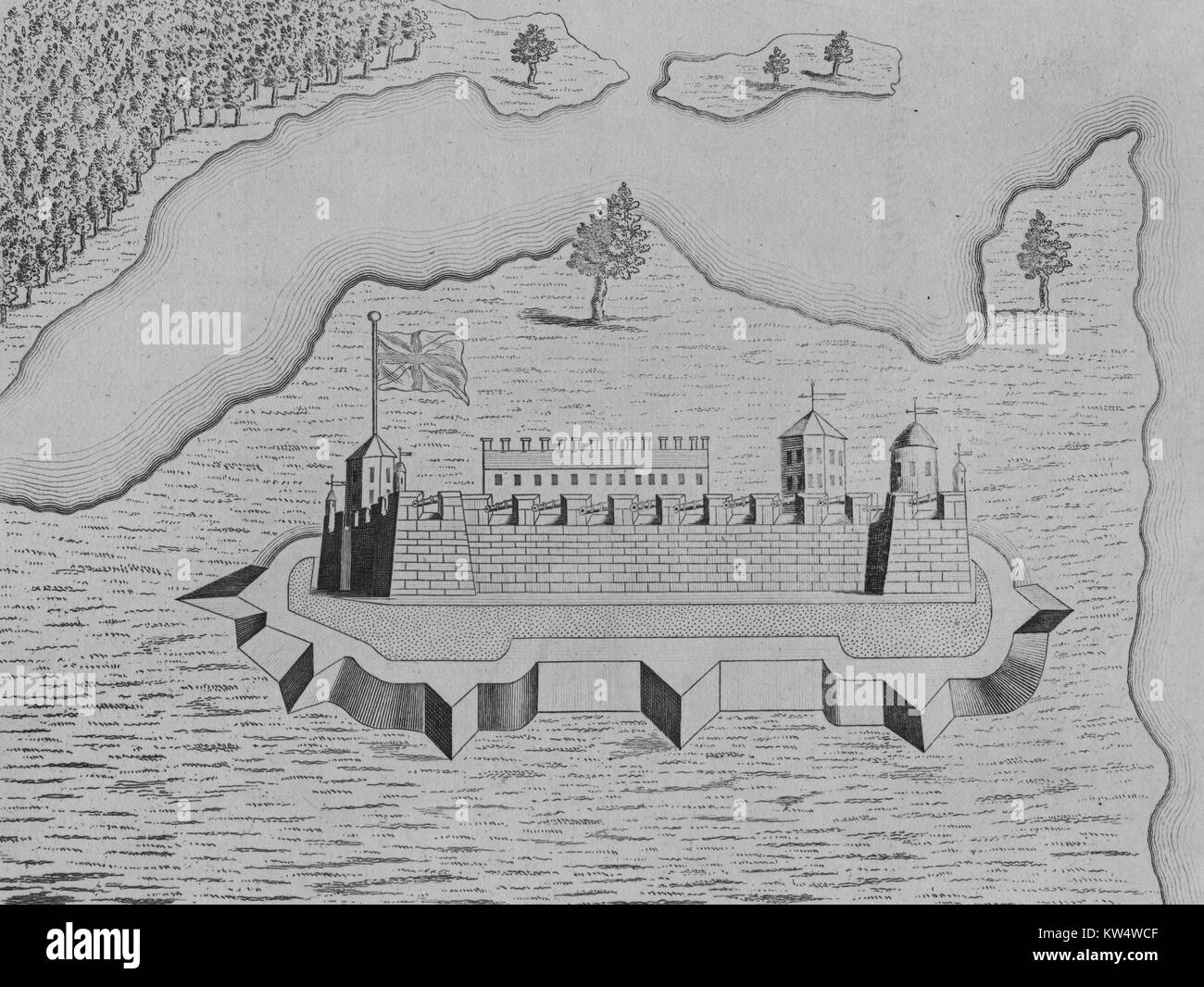 Illustration representing a French Fort Saint-Frederic built on Lake Champlain to secure the region against British colonization and control the lake, 1760. () Stock Photo