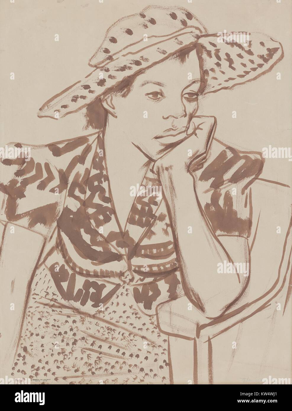 Work progress administration (WPA) painting of African-American woman seated with hat in studio, appearing bored, with her head resting on her hand, 1939. From the New York Public Library. Stock Photo