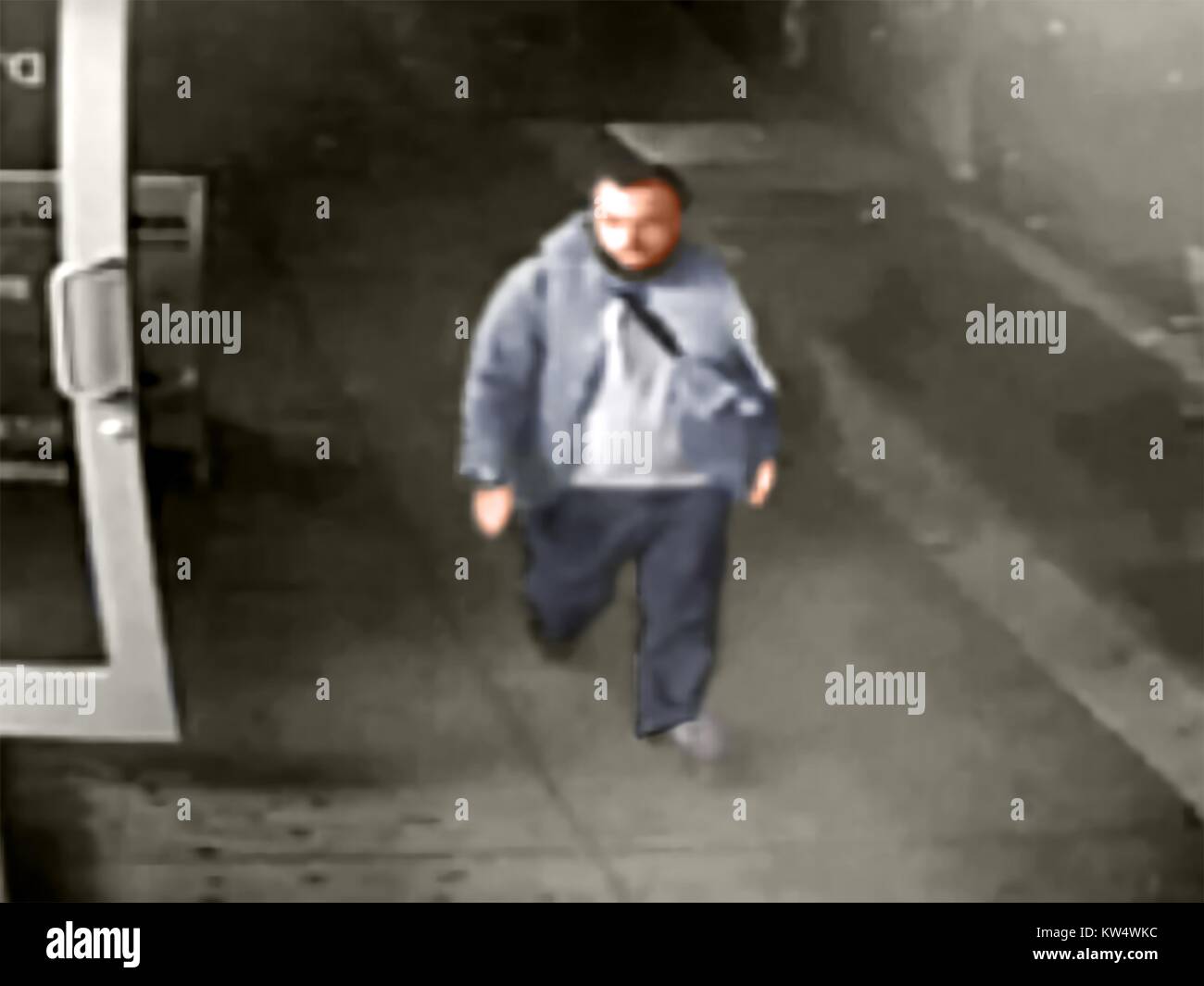 Digitally colorized image from a surveillance camera frame of Admad Khan Rahami, a suspect in the September 17, 2016 bombings which took place in the Chelsea neighborhood of New York City, New York, September 17, 2016. Original image from a still released by the New Jersey Police. NOTE: THIS IMAGE HAS BEEN DIGITALLY COLORIZED USING COLORS DERIVED FROM PHOTOGRAPHS OF THE SUSPECT; COLORS MAY NOT BE ACCURATE AND SHOULD NOT BE USED FOR IDENTIFICATION/INVESTIGATIVE PURPOSES. Stock Photo
