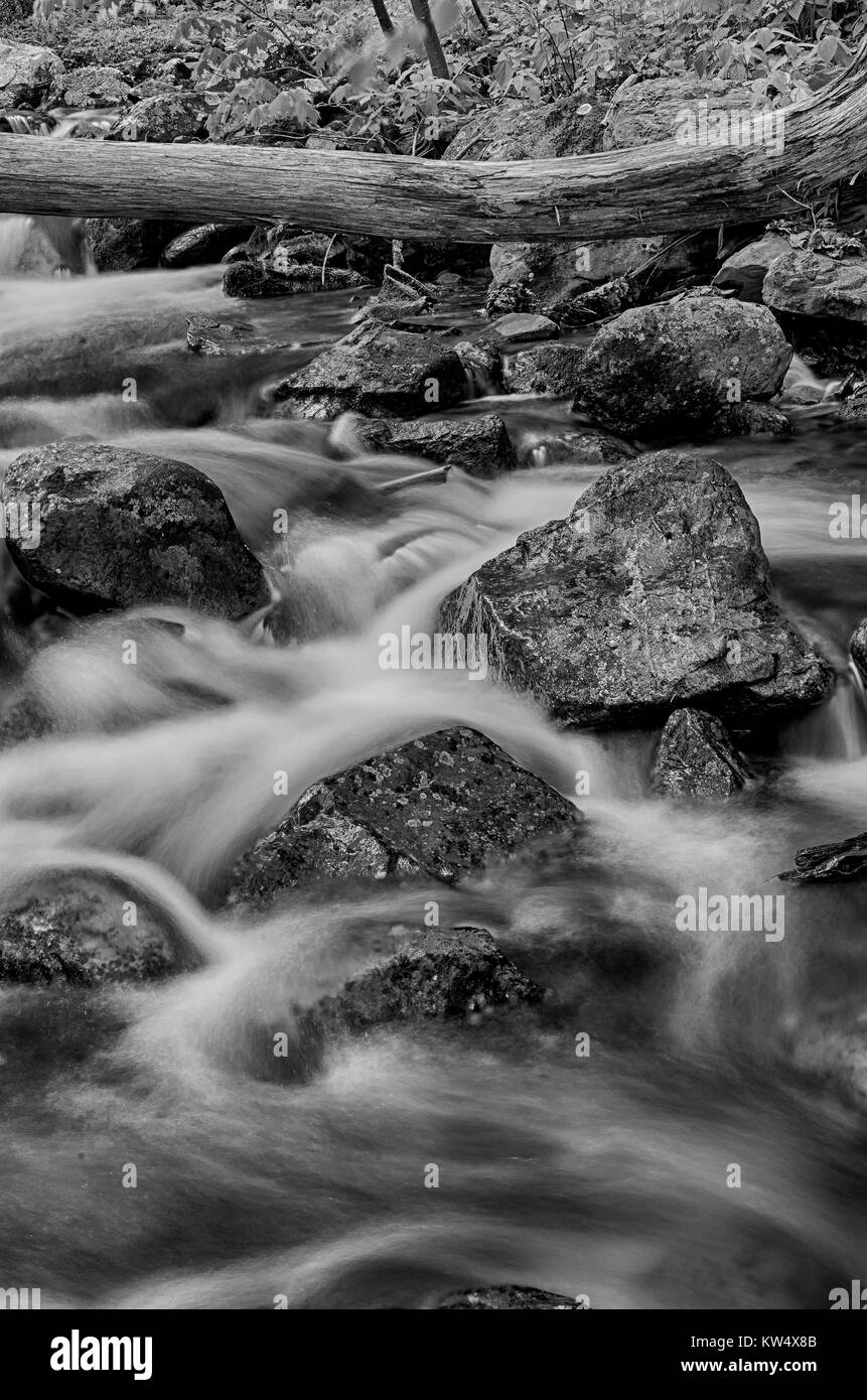 Black and white long exposure of a moutain stream above Overall Run Falls in Shenandoah National Park, Virginia. Stock Photo