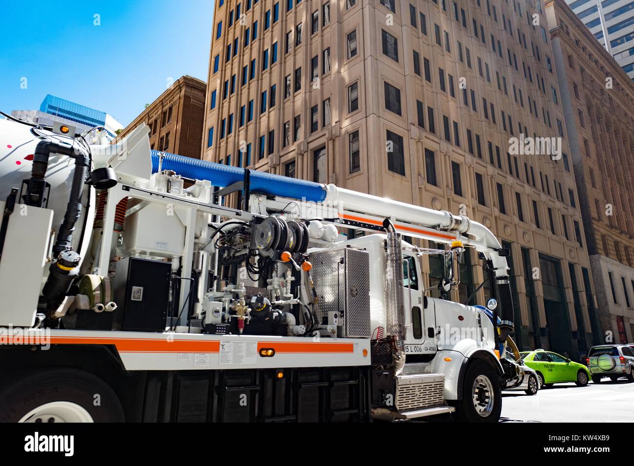 Vac con sewer cleaning truck in the Financial District neighborhood of San Francisco, California, September 26, 2016. Stock Photo