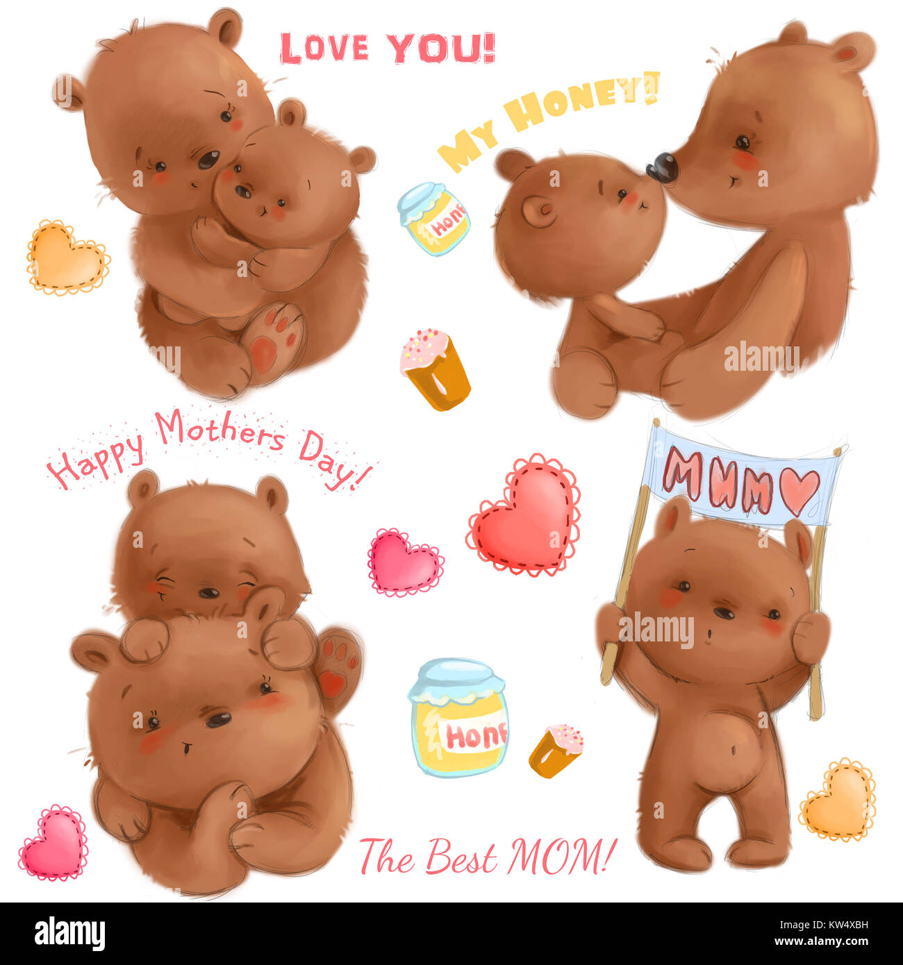 Cute mothers day isolated clipart with funny bears mom and her cubs, hearts, honey, cakes. It's about love. Use for cardmaking, greeting cards, print, textile. Stock Photo
