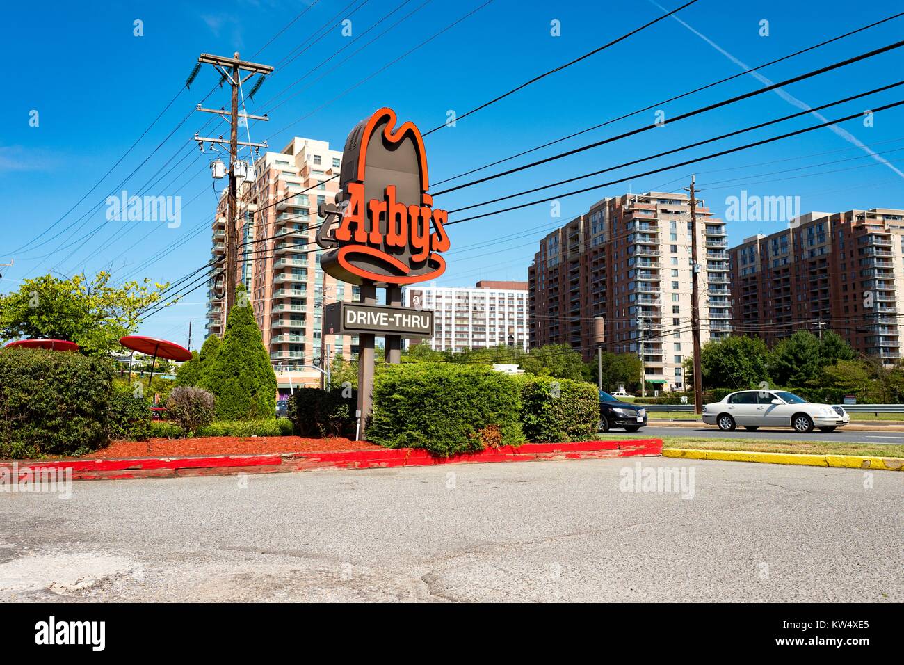 Signage for Arbys fast food restaurant in Rockville, Maryland, September 25, 2016. Situated close to Washington, DC, Rockville is a popular city among Federal government employees and contractors. Stock Photo