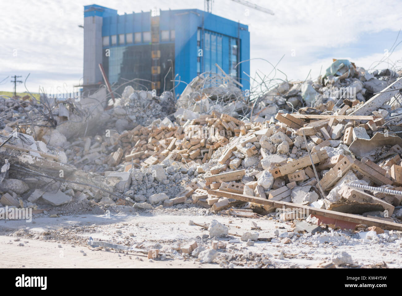 Large piles of broken brick, wood and metal at construction site Stock Photo