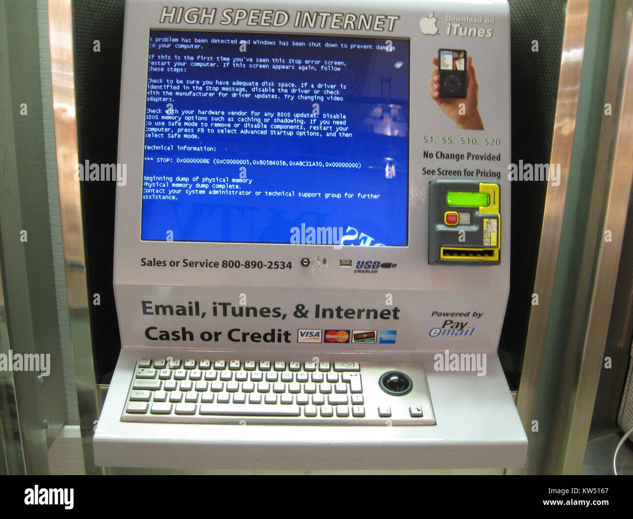 The Blue Screen of Death (BSoD) appears on an internet terminal when a critical system error occurs. It indicates a hardware or software failure, requiring troubleshooting. Stock Photo