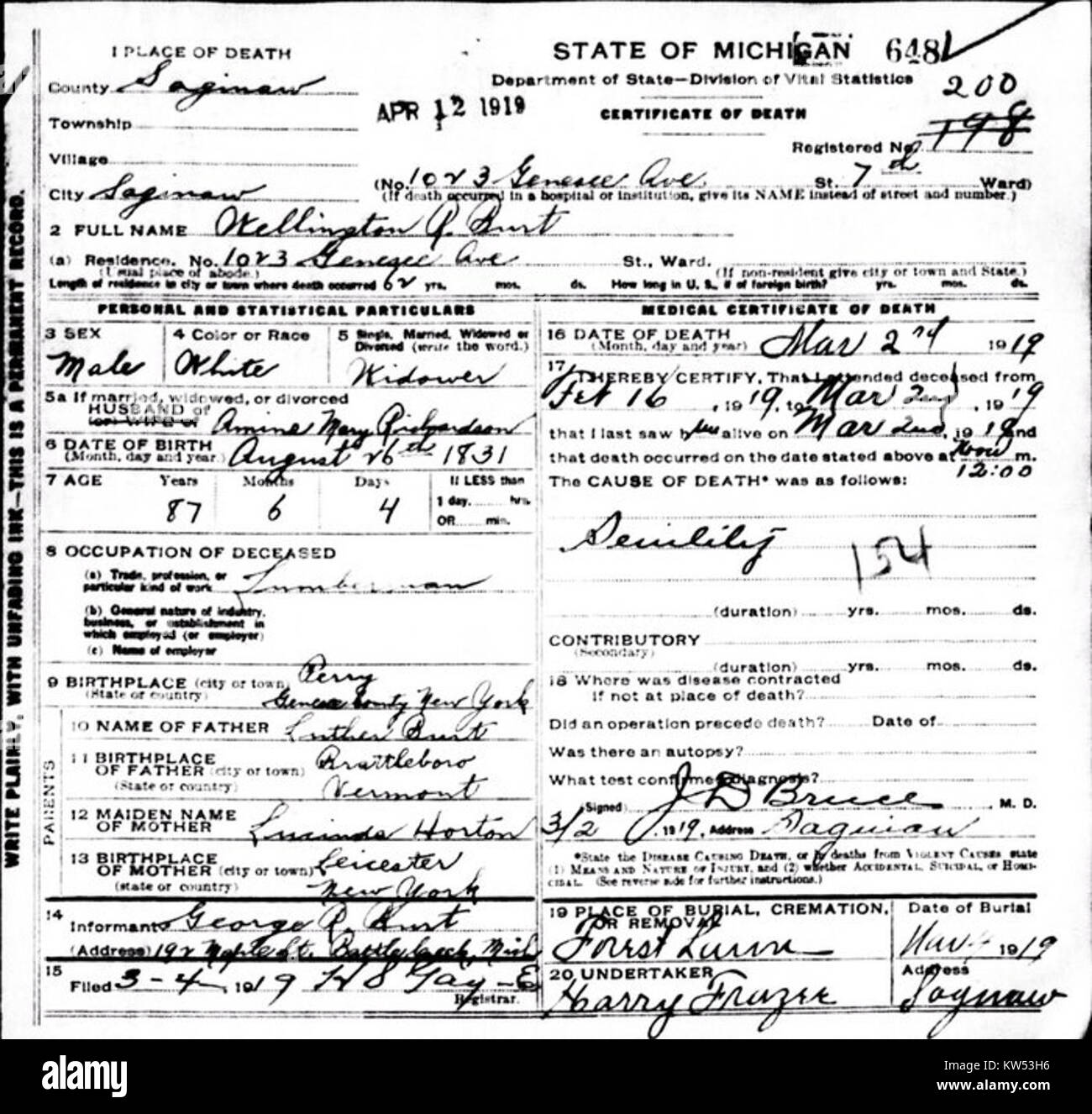 Wellington R. Burt Death Certificate Stock Photo - Alamy