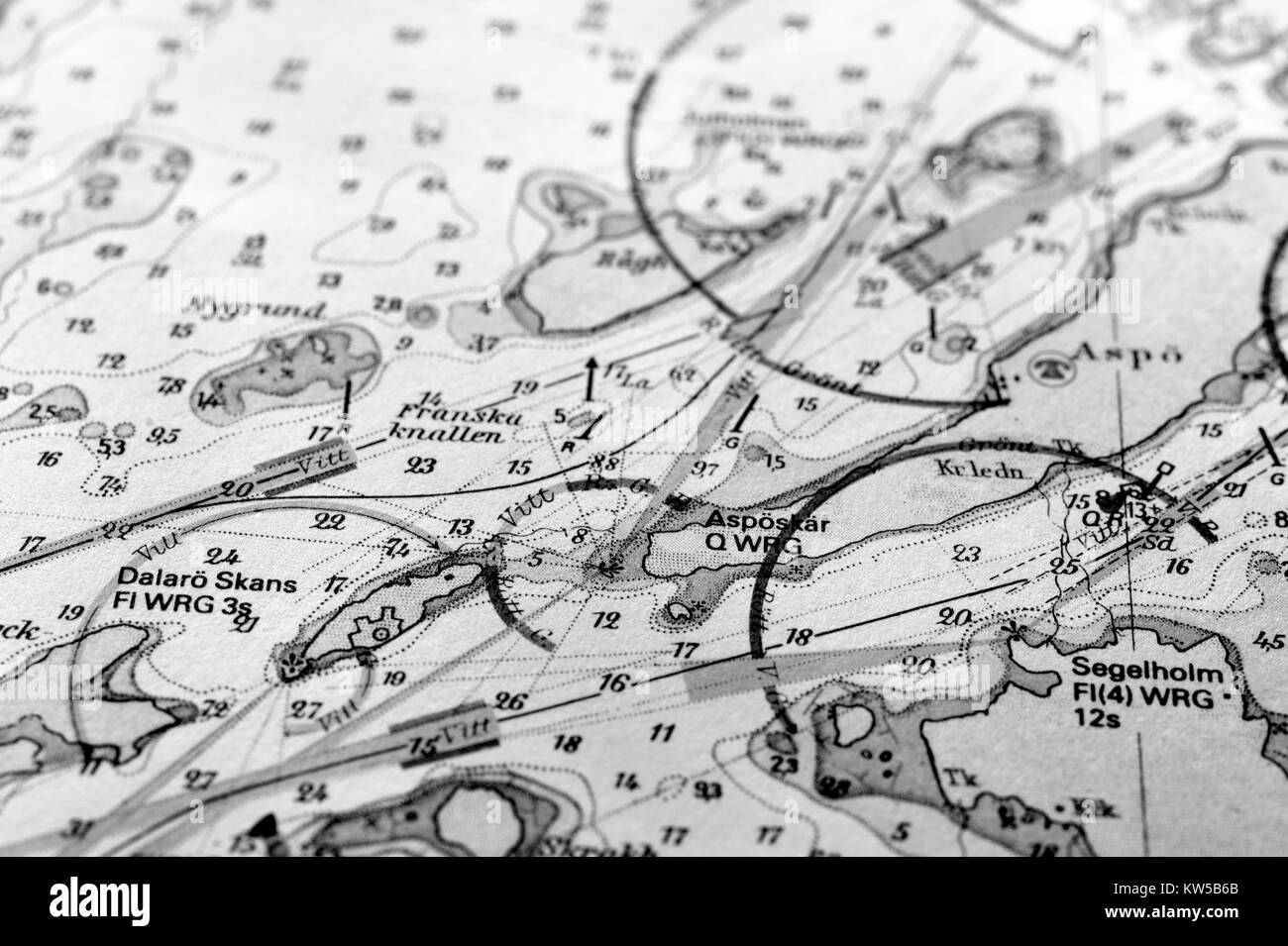 Macro shot of a old marine chart, detailing Stockholm archipelago Stock Photo