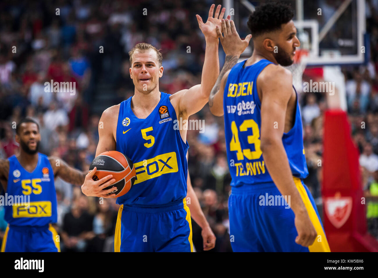 Forward Johan Bolden of Maccabi Fox Tel Aviv and Forward Michael Roll of Maccabi Fox Tel Aviv react during the match Stock Photo