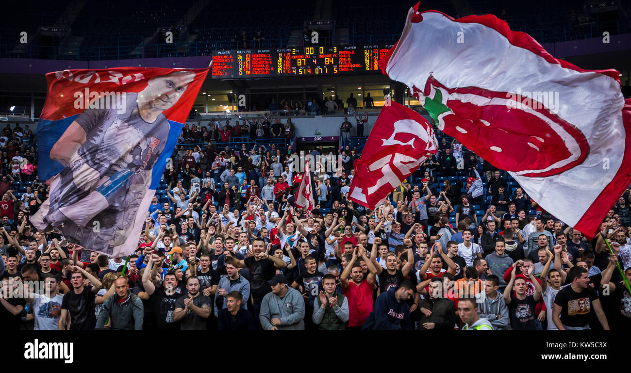 Fans of Crvena Zvezda mts Belgrade celebrate victory after the match Stock Photo