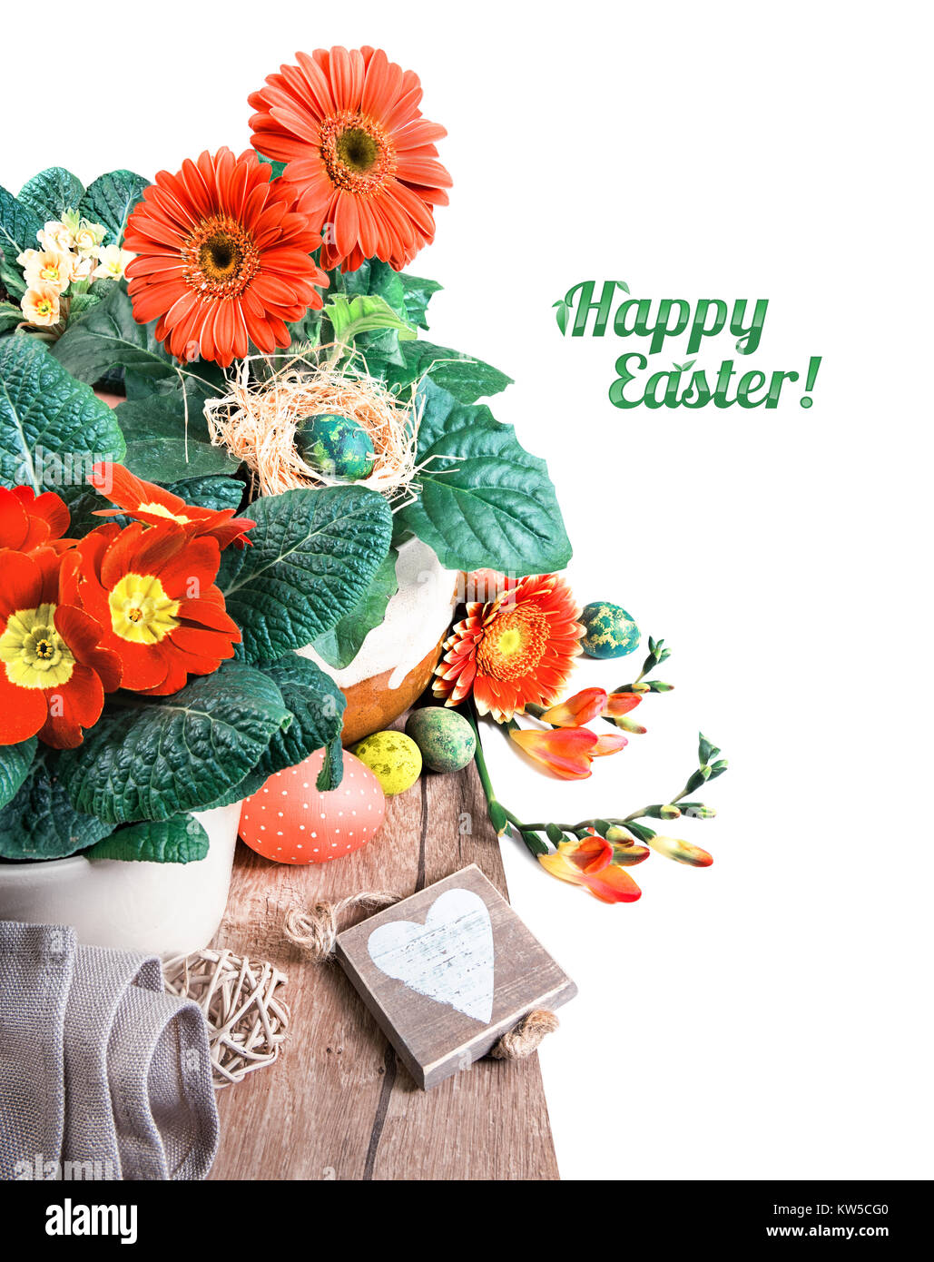 Easter border with orange herbera, freesias and spring decorations, caption 'Happy Easter!' on plain white background, space for your text. This image Stock Photo