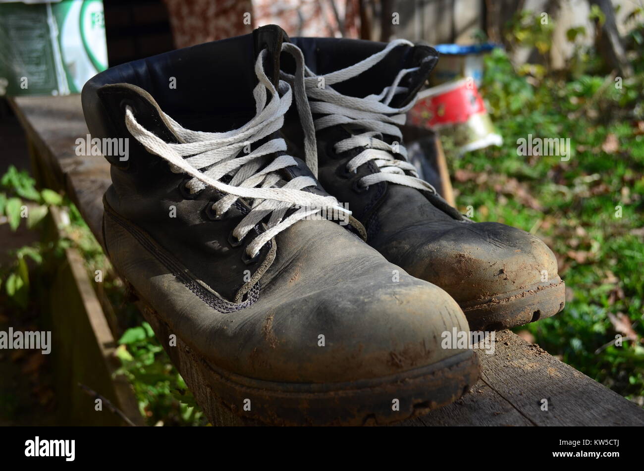 boots in the garden Stock Photo
