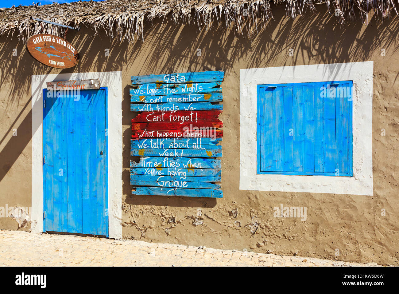 Outside of a local bar and souvenir shop, Palmeira, Cape Verde, Sal Island, Salina, Africa Stock Photo