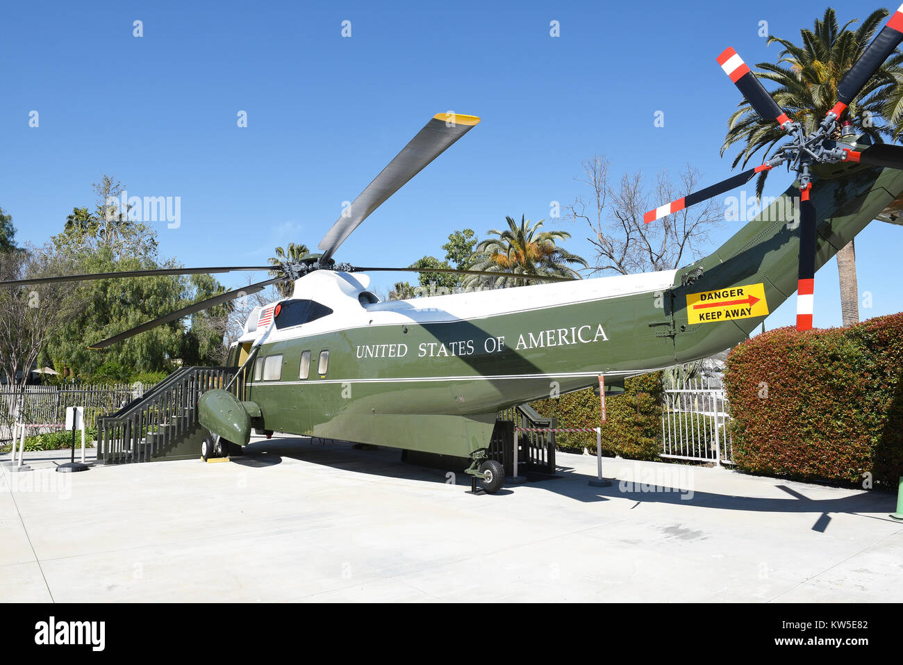 YORBA LINDA, CALIFORNIA - FEBRUARY 24, 2017: Marine One at the Nixon Library. The helicopter was used by 4 presidents, Kennedy, Johnson, Nixon and For Stock Photo