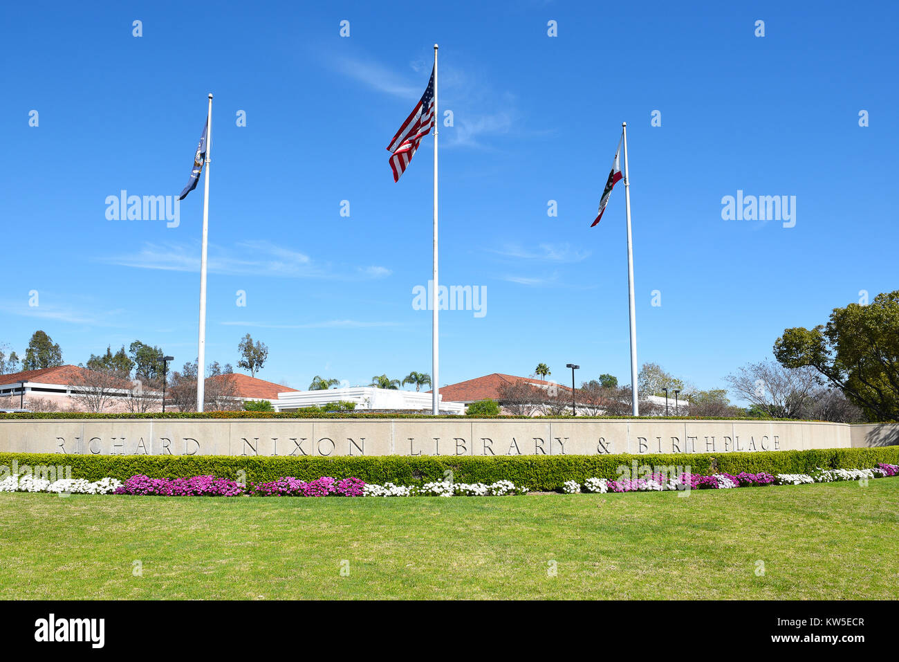 YORBA LINDA, CALIFORNIA - FEBRUARY 24, 2017: Sign at the Richard Nixon Library and Birthplace. The presidential library and museum and final resting p Stock Photo