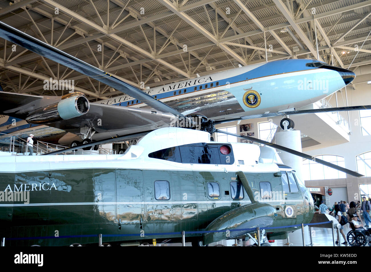SIMI VALLEY, CA - July 24, 2010: Air Force One and Marine One on display at the Reagan Presidential Library in Simi Valley, July 24, 2010. The aircraf Stock Photo