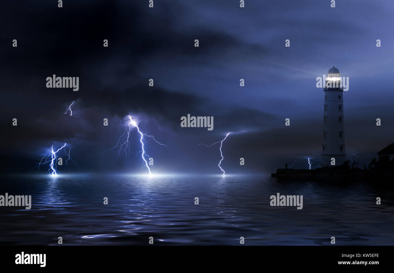 lighthouse in a storm. Thunderstorm over the sea, lightning beats the water Stock Photo