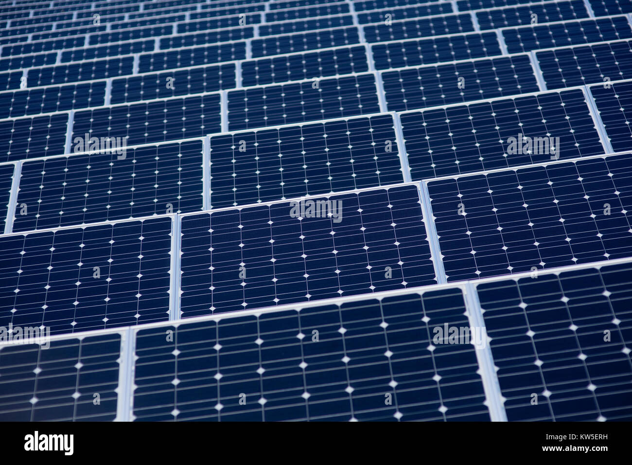 Photovoltaic panel array on a solar farm, UK. Stock Photo