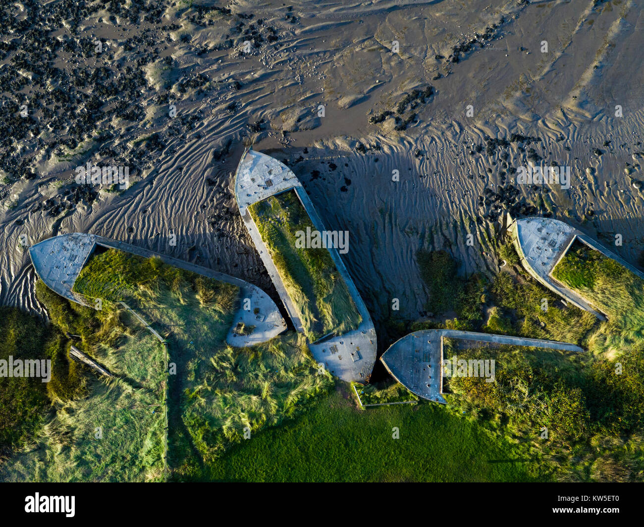 Aerial view of the Purton Hulks ships graveyard on the River Severn