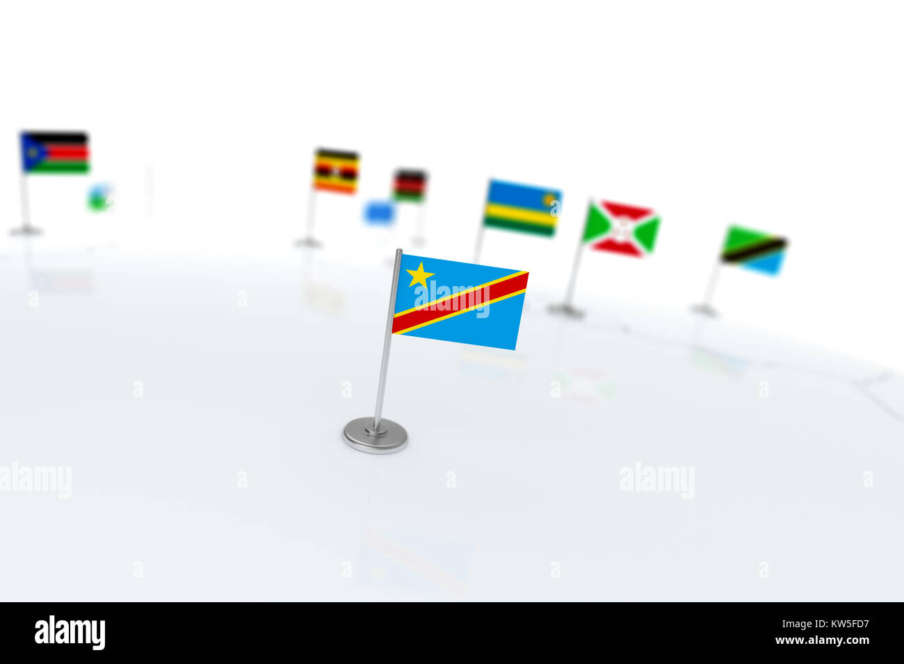 Democratic Republic of the Congo flag. Country flag with chrome flagpole on the world map with neighbors countries borders. 3d illustration rendering  Stock Photo