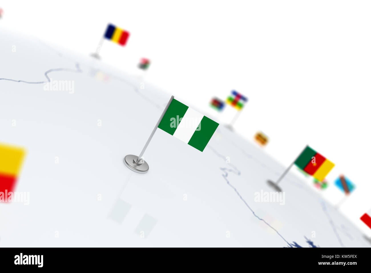 Nigeria flag. Country flag with chrome flagpole on the world map with neighbors countries borders. 3d illustration rendering flag Stock Photo