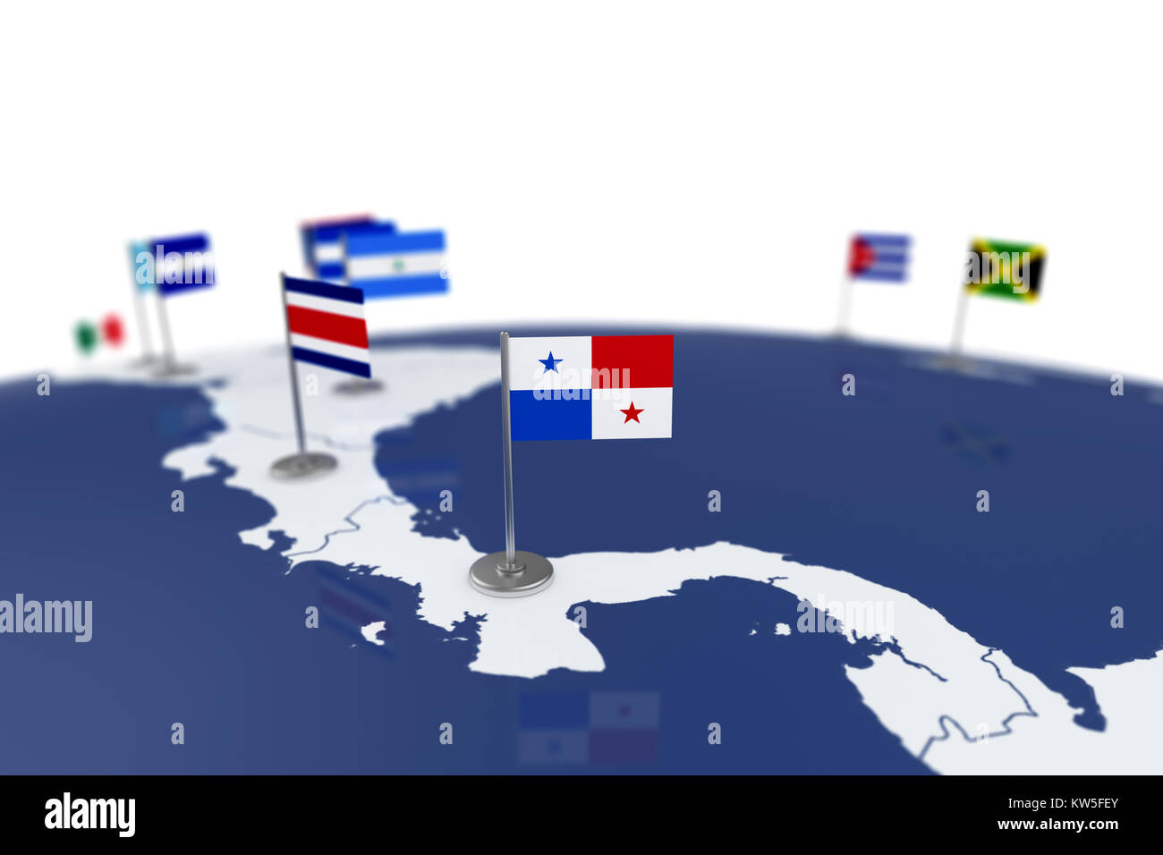 Panama flag. Country flag with chrome flagpole on the world map with neighbors countries borders. 3d illustration rendering flag Stock Photo