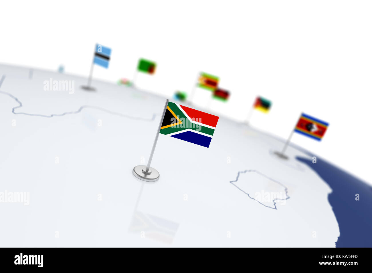 South Africa flag. Country flag with chrome flagpole on the world map with  neighbors countries borders. 3d illustration rendering flag Stock Photo -  Alamy