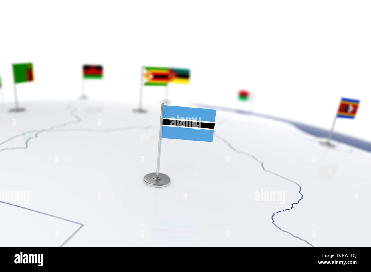 Botswana flag. Country flag with chrome flagpole on the world map with ...