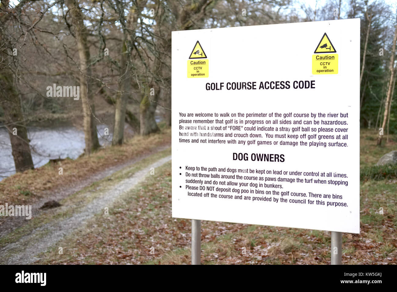 Golf course access code rules for public walkers and dog owners sign caution and warning danger of stray balls Stock Photo