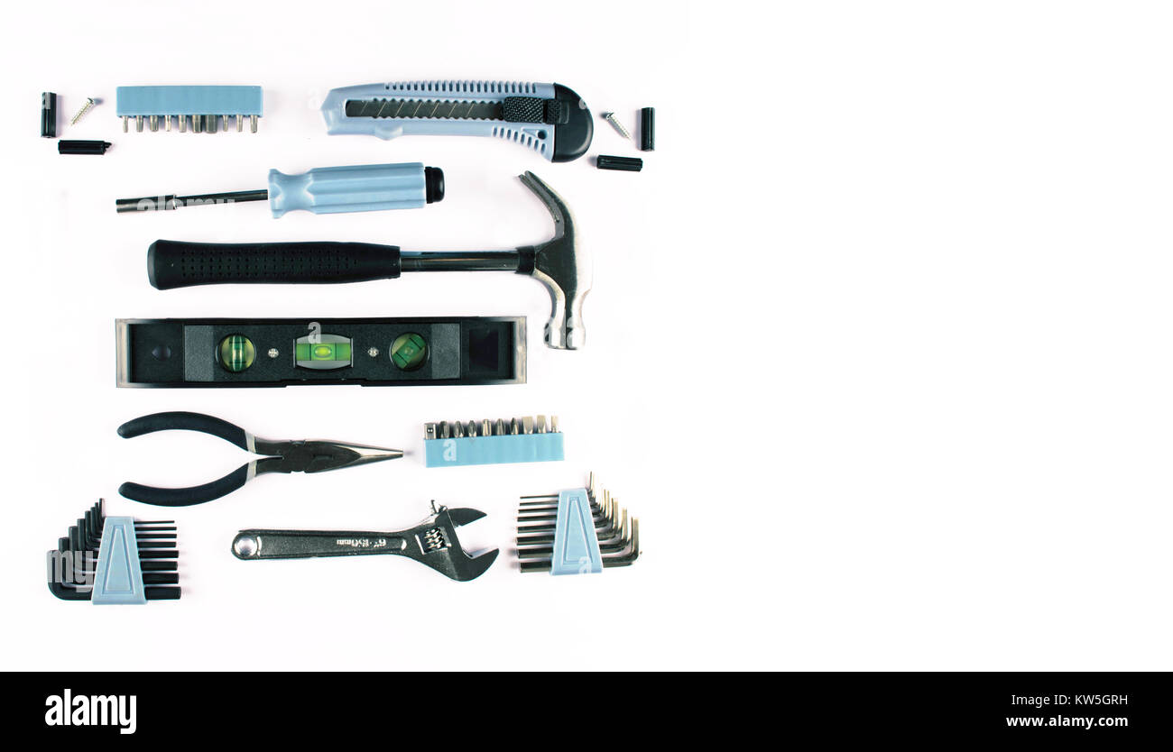 Set of various tools on white background. Construction and renovation ...