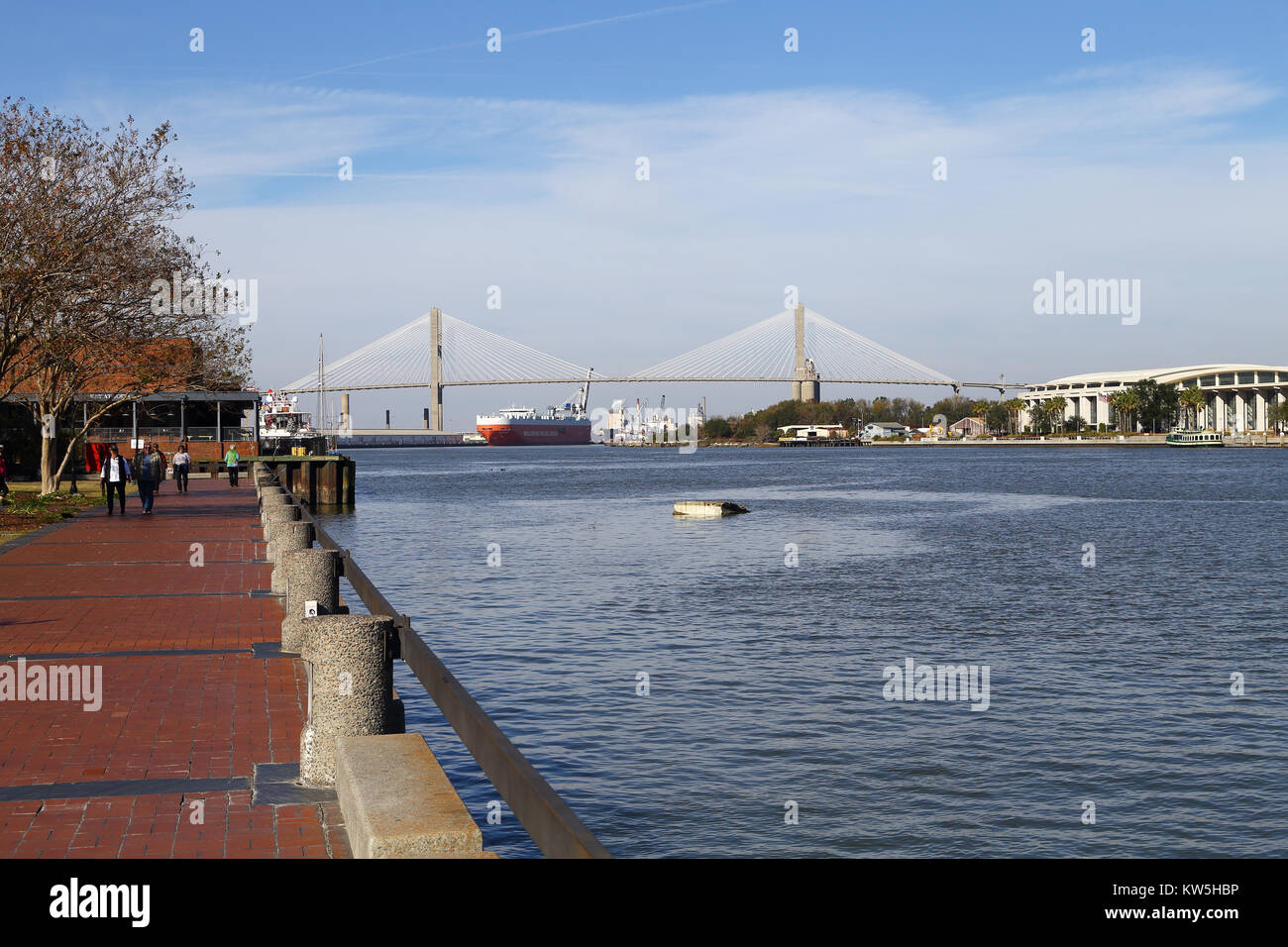 View of the port of Savannah Georgia and Talmadge Memorial bridge. Stock Photo
