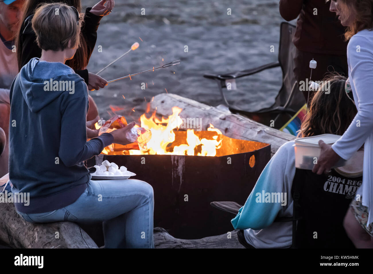 Roasting marshmallows, Alki Beach, Seattle, Washington, USA Stock Photo