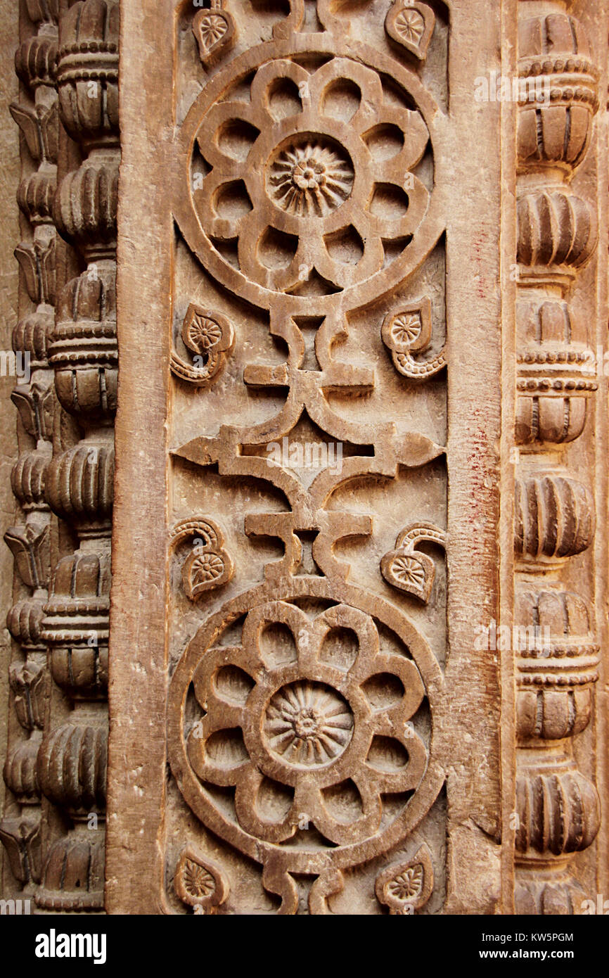 Beautiful, decorative, floral design carving on stone pillar at Gwalior Fort in Gwalior, Madhya Pradesh, India, Asia Stock Photo