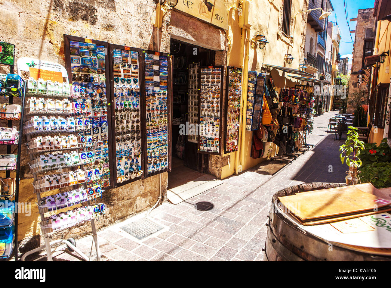 Crete Chania Old Town Chania street shops Crete Greece shopping Stock Photo