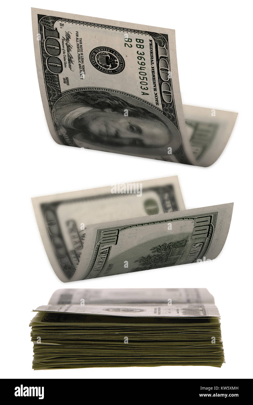 Photo of $100 bills falling on top of each other. Bills frozen in mid-air. Focus in the foreground. Isolated on white background Stock Photo