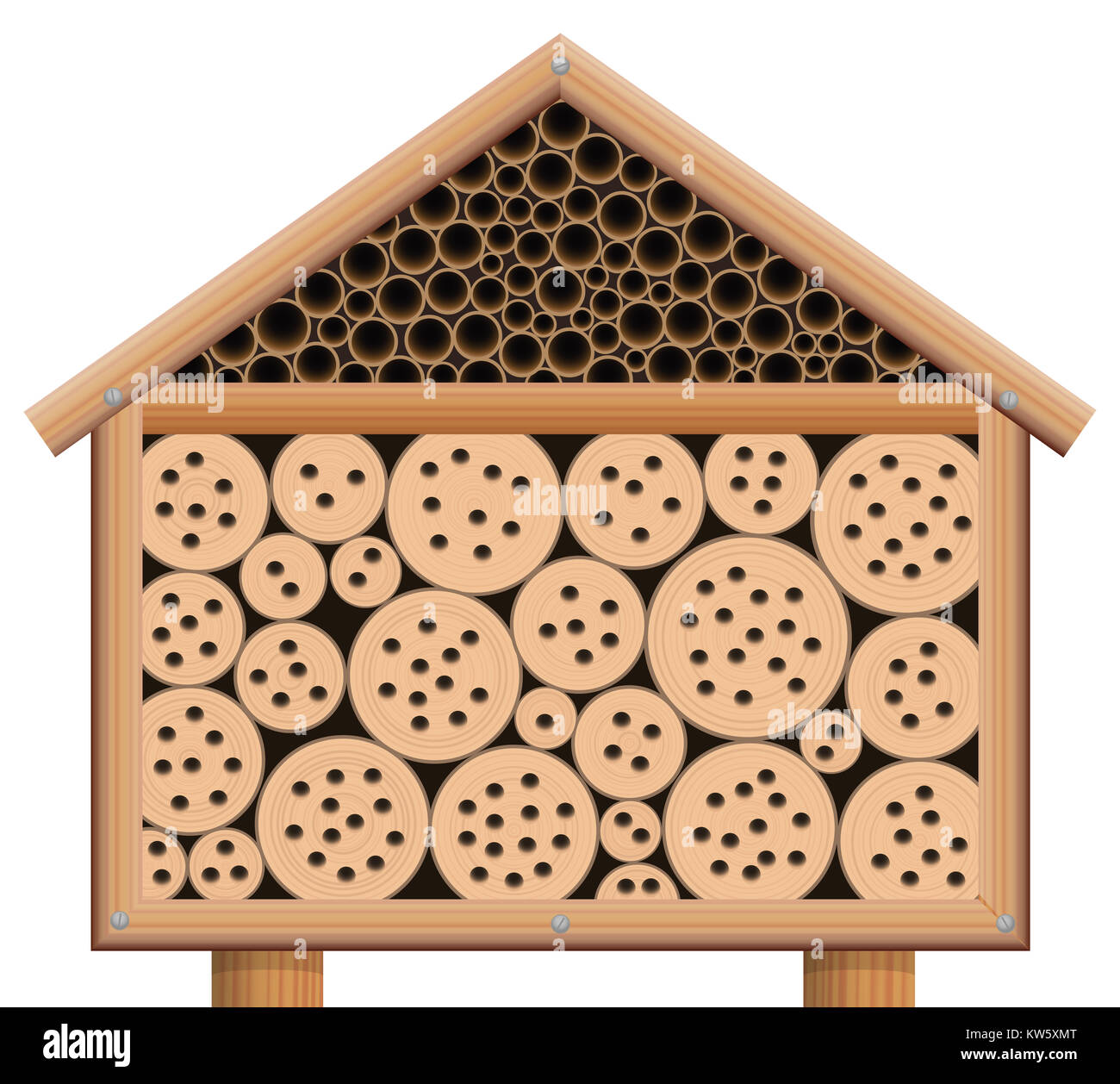 Insect hotel - wooden bug house with roof - illustration on white background. Stock Photo