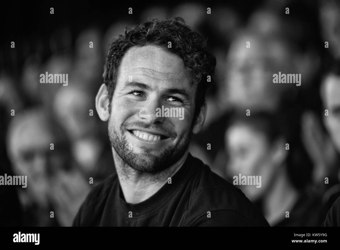 Cyclist Mark Cavendish at the launch of Tour de Yorkshire 2018 at The Piece Hall, Halifax Stock Photo