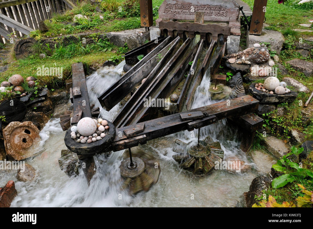 Marble mill in the alp brook, Marmormuehle am Almbach Stock Photo