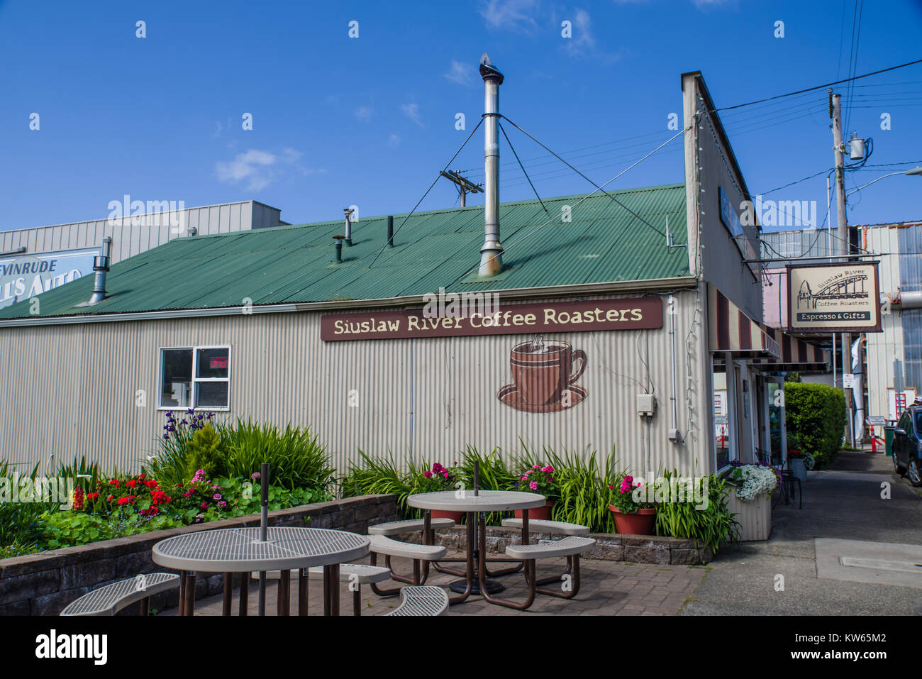 Siuslaw River Coffee Roasters building in FLorence, Oregon, USA Stock Photo