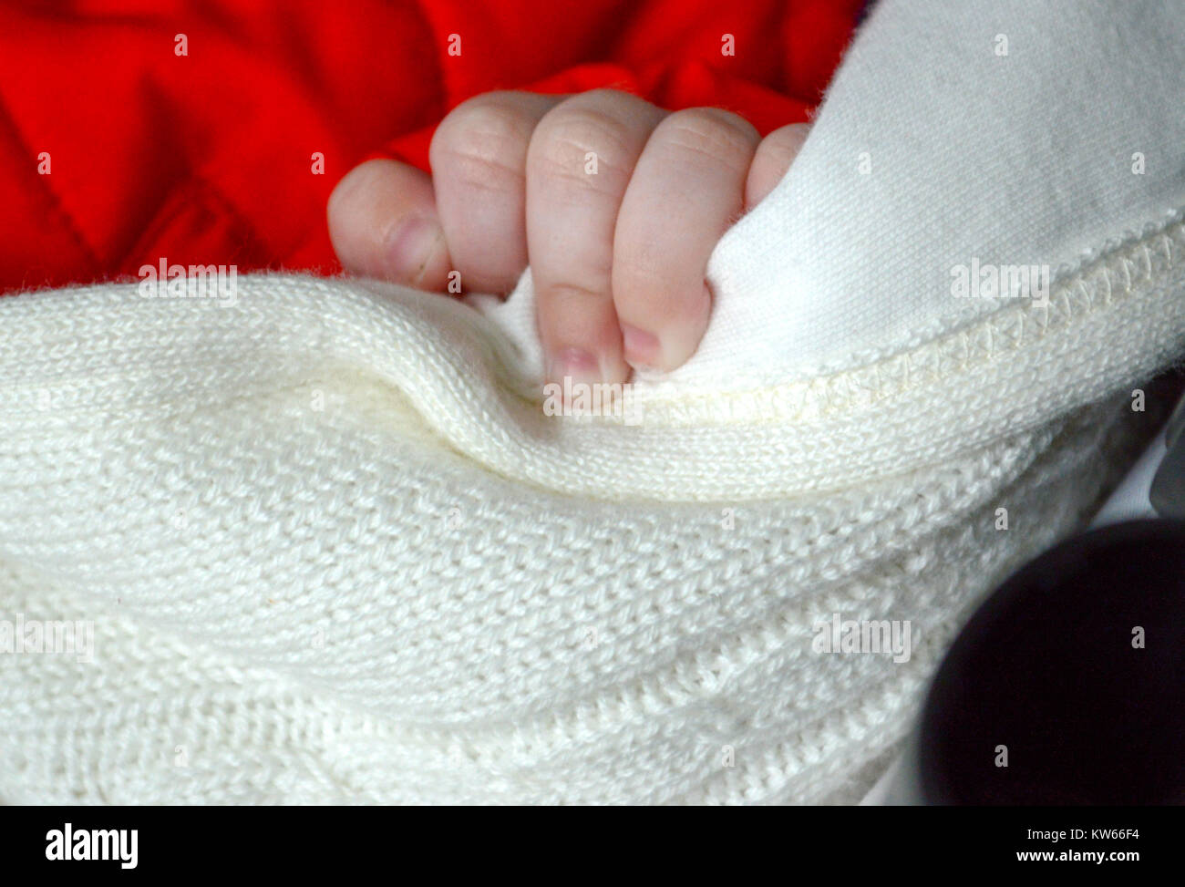 small child's hand on a white woollen scarf. scarf,imafe of a Stock Photo