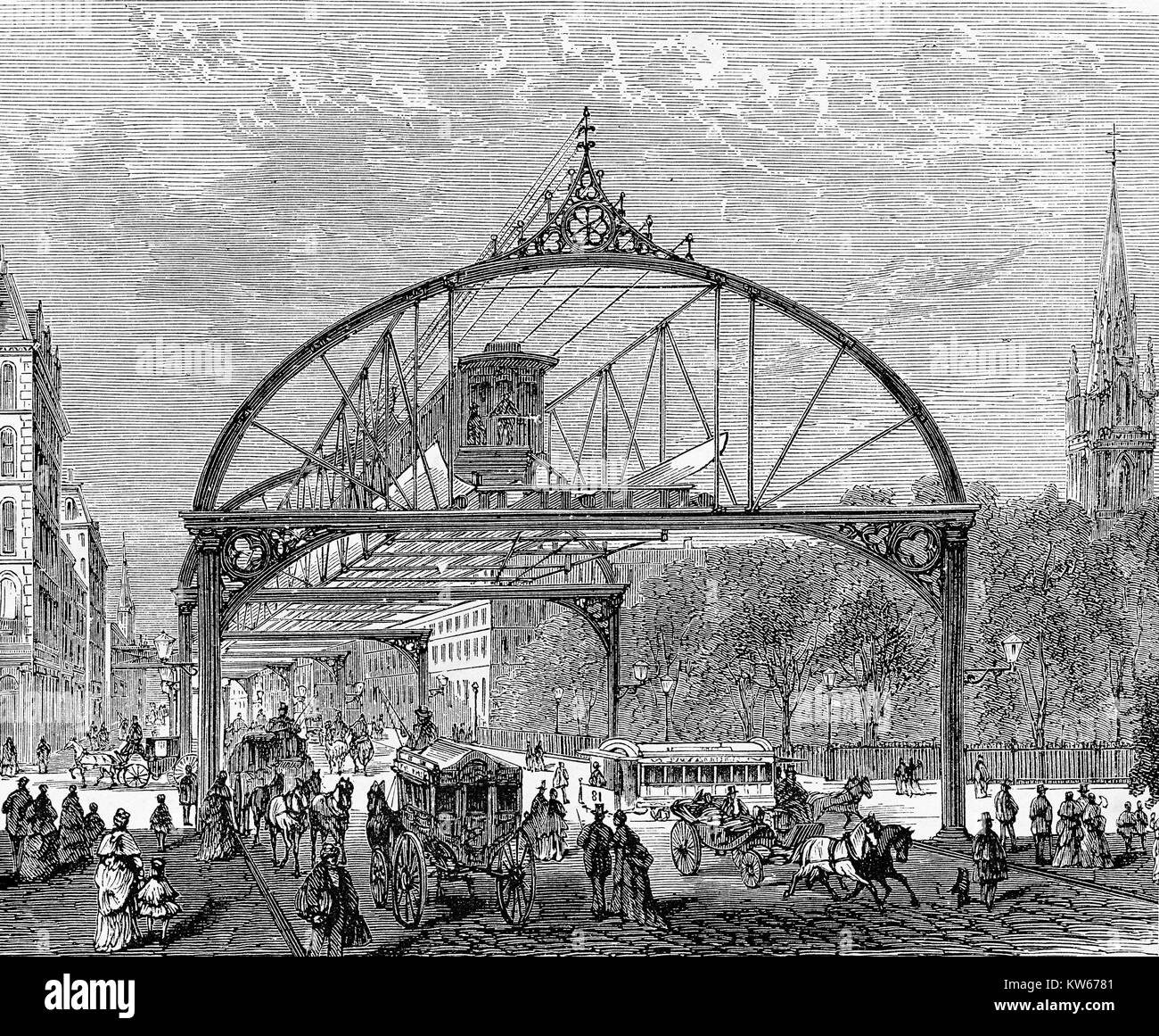 Dr. R.H. Gilbert project of a covered atmospheric elevated railway for New York City transit. Proposed in 1872 but never built, vintage engraving Stock Photo