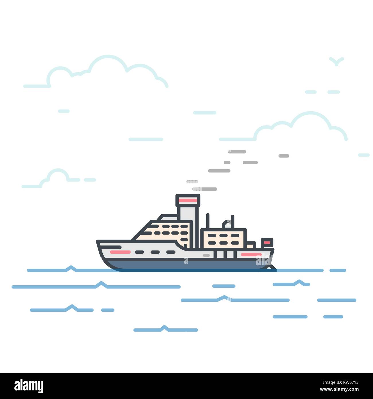 Motor vessel ship with steam pipe in the sea. Trendy line vector illustration. Big boat on water. Oceanic ship traveling concept. Water transport. Stock Vector