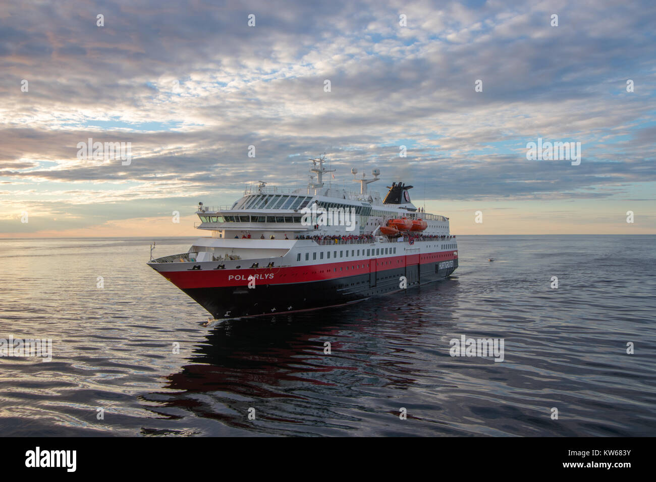 BERLEVAG, NORWAY - JULY 10, 2017: The Hurtigruten ship MS «Polarlys» in Berlevag in Northern Norway. Stock Photo