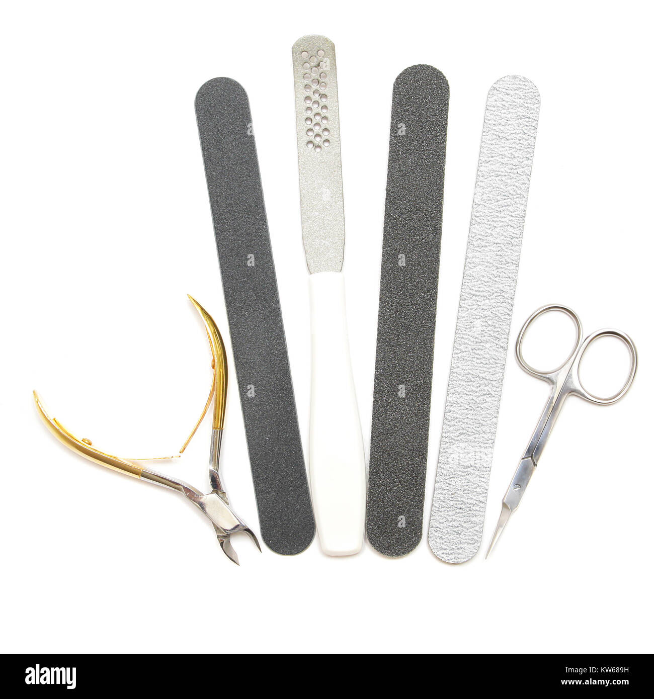 Manicure or pedicure tools. Clip, file, scissor, clippers, tweezer isolated on white background Stock Photo