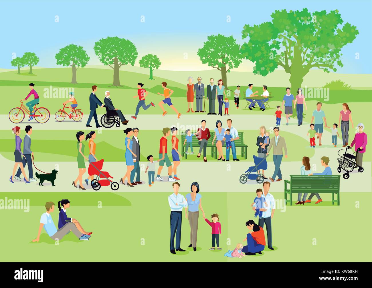 Families and people are relaxing in the park, illustration Stock Vector