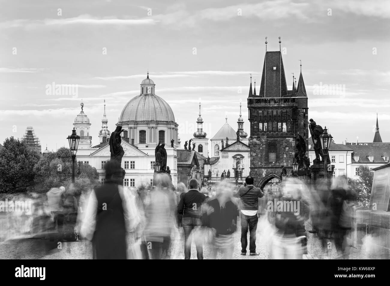 View of Charles bridge on the Vltava river and historical center of Prague,buildings and landmarks of old town,Prague,Czech Rapublic Stock Photo