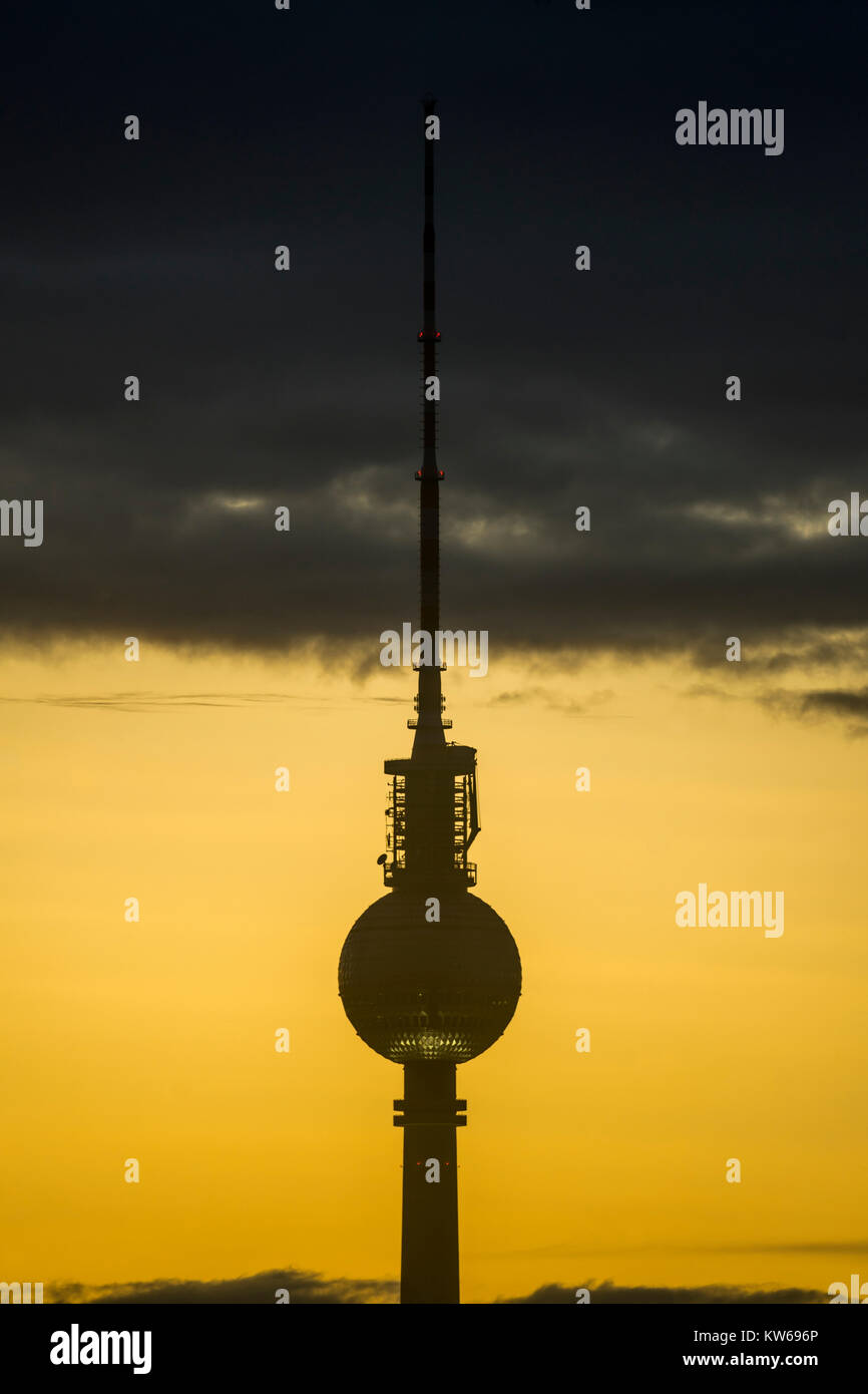 The silhouette of the berlin Television Tower for the evening sky, Berlin 2017. Stock Photo