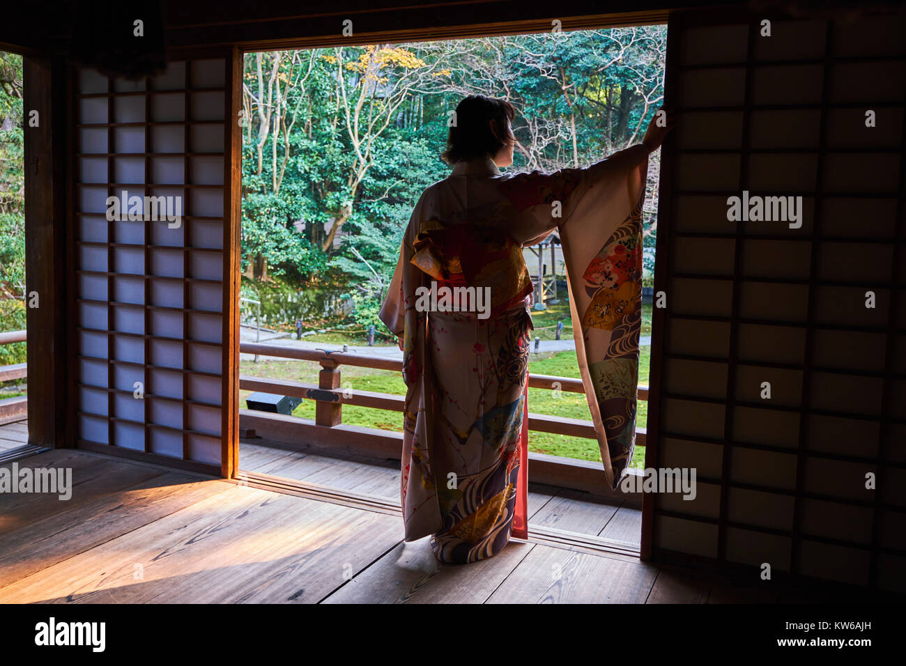 Japan, Honshu island, Kansai region, Kyoto, Gion, Geisha former area, young woman in kimono Stock Photo